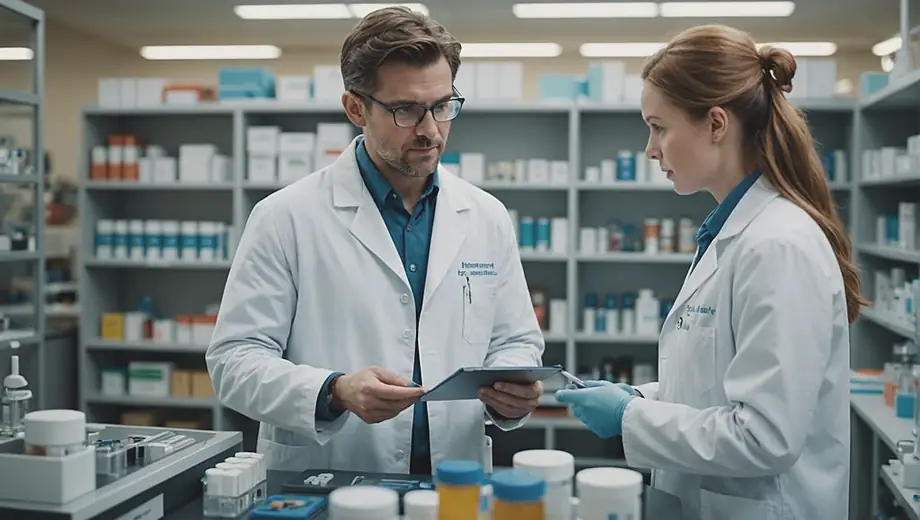 A customer and a professional discuss pharmaceutical solutions on-site, surrounded by lab equipment and research materials.