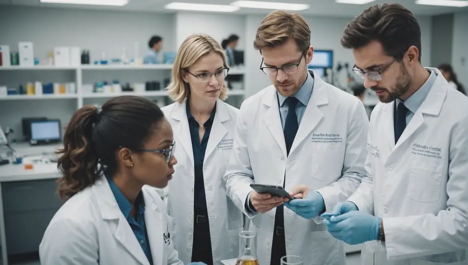 A diverse group of professionals in lab coats collaborates in a modern laboratory setting, discussing research findings for a pharmaceutical company.