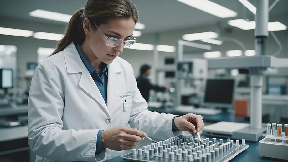 A drug manufacturer employee in a lab coat examines samples in a modern pharmaceutical facility, surrounded by high-tech equipment and research materials.