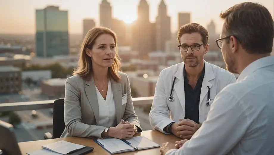 A customer discussing healthcare options with a professional medicine provider at a clinic, both engaged in a focused conversation.