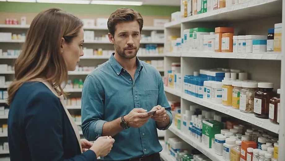 A customer consults with a professional at a pharmacy, discussing medication options while surrounded by shelves stocked with various health products.