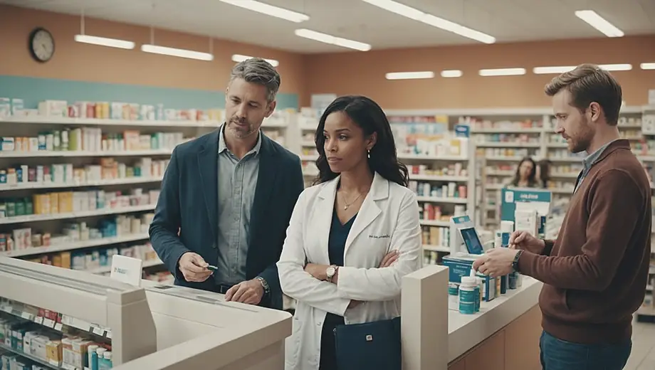 A diverse group of people inside a pharmacy store, browsing shelves filled with health products and consulting with a pharmacist at the counter.