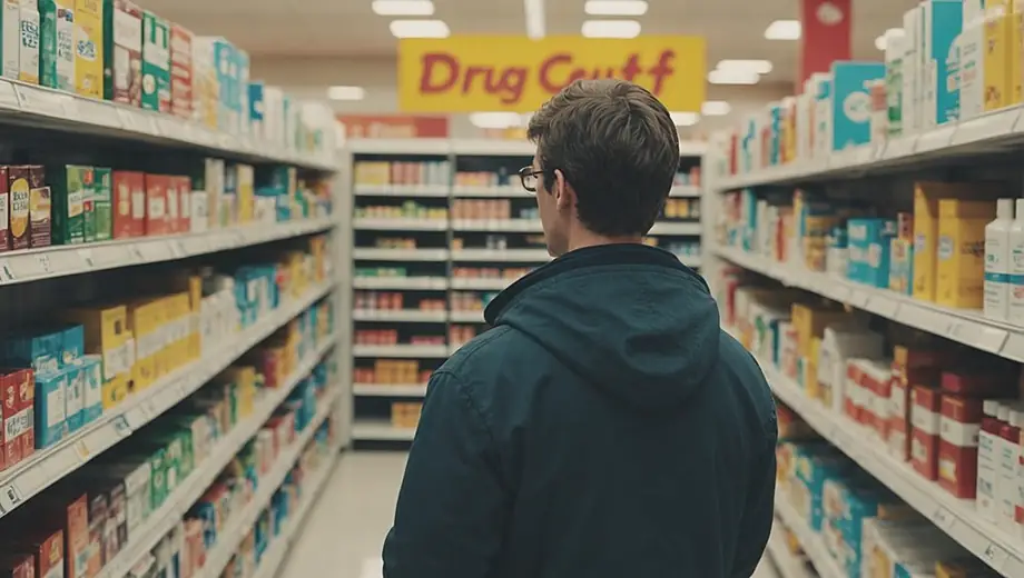 A person browsing the aisles of a drugstore, examining products on the shelves with a thoughtful expression.