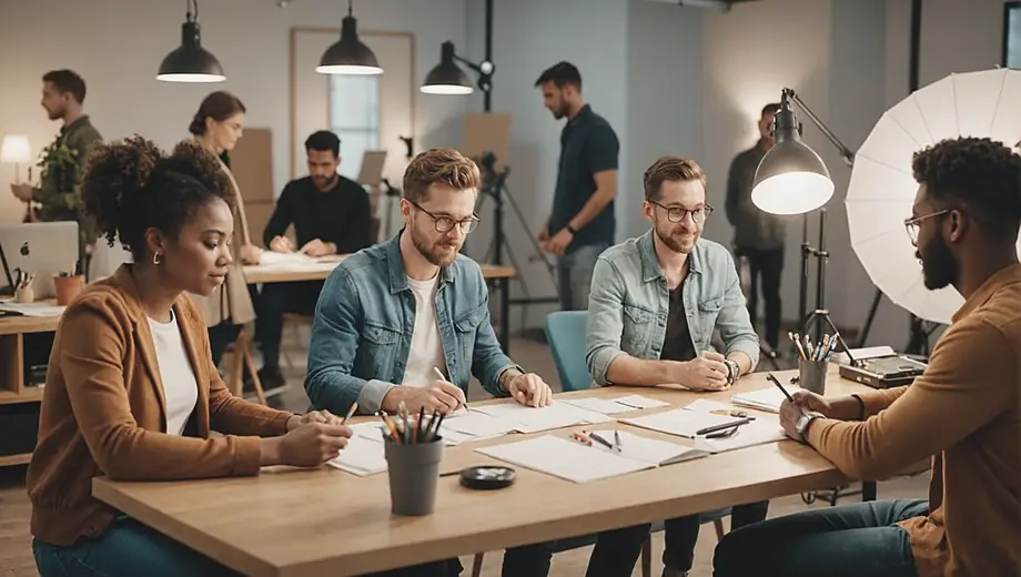 A diverse group of people collaborating in a bright photography studio, adjusting lighting and props while capturing creative portraits.