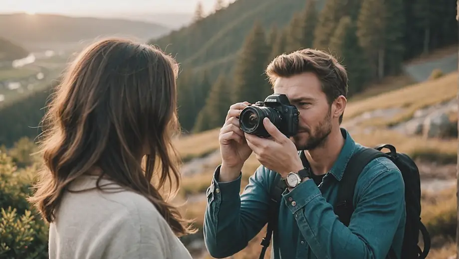 A freelance photographer captures stunning landscapes at a scenic outdoor location, focusing intently on their camera as they frame the perfect shot.