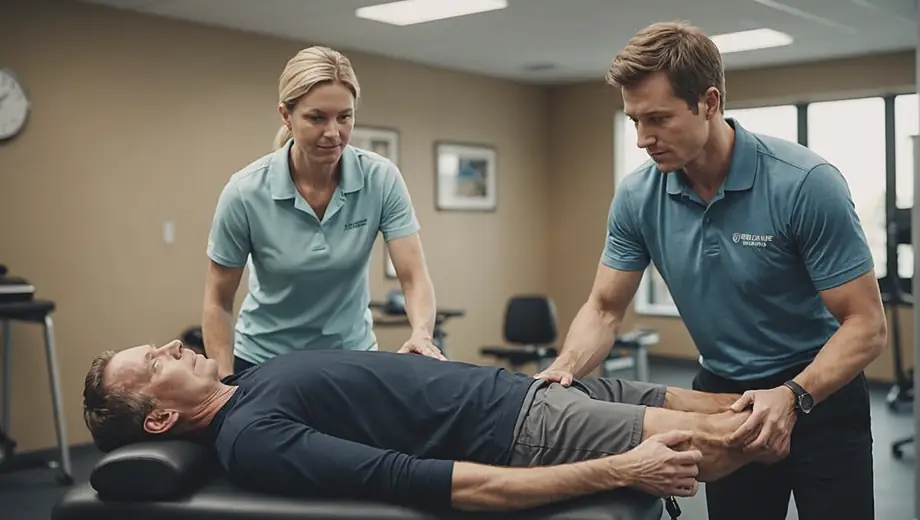 A customer engages in a physical therapy session with a professional on site, demonstrating exercises and techniques to improve mobility and strength.