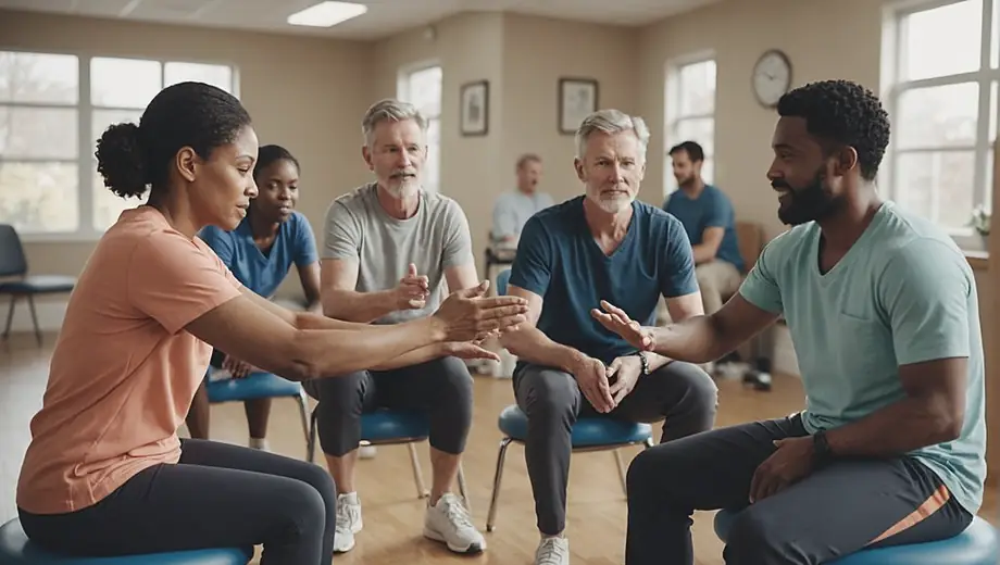 A diverse group of patients and therapists engage in various exercises and treatments at a physical therapy clinic, showcasing a supportive and healing environment.