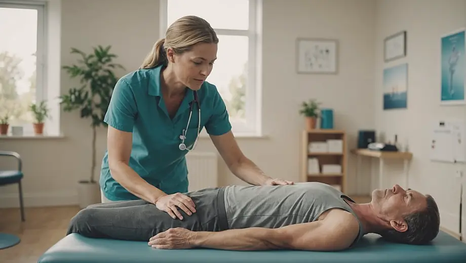 A physiotherapist demonstrating an exercise technique to a patient in a bright, well-equipped therapy room.