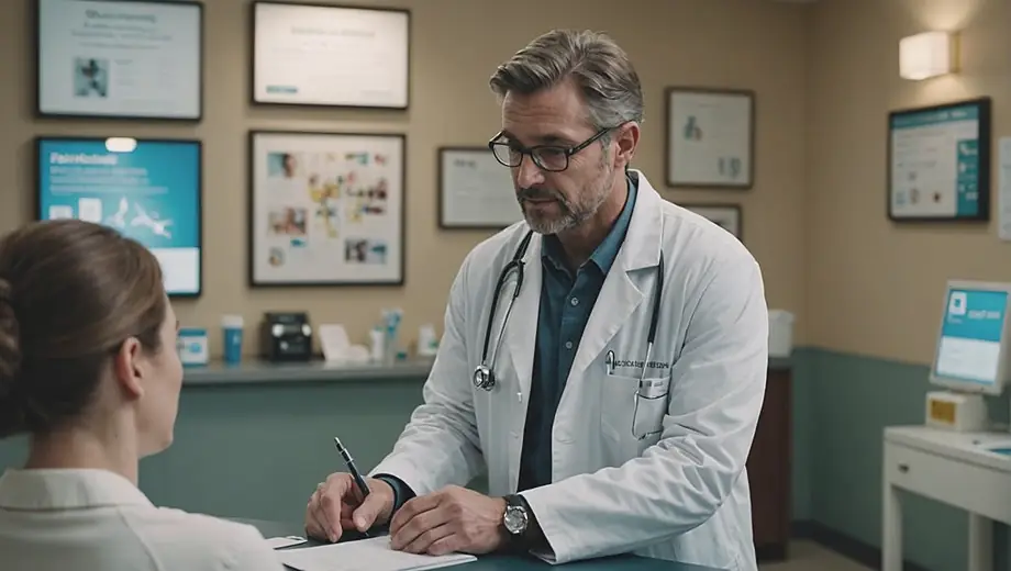 A physician discusses treatment options with a customer in a well-lit clinic, surrounded by medical equipment and informative posters.