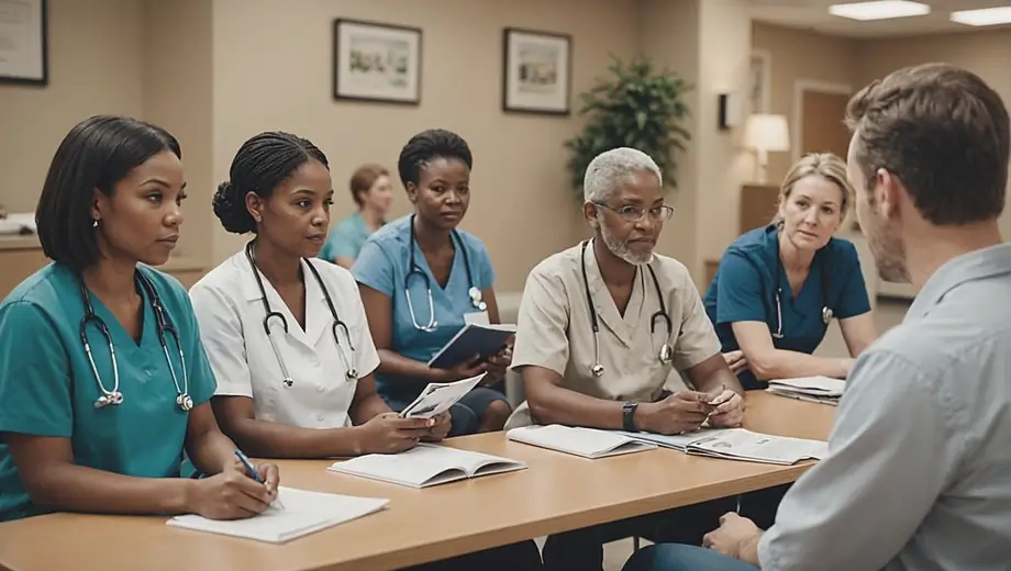 A diverse group of patients sitting in a doctor's office, reading magazines and waiting for their appointments, while a nurse checks in a patient at the reception desk.