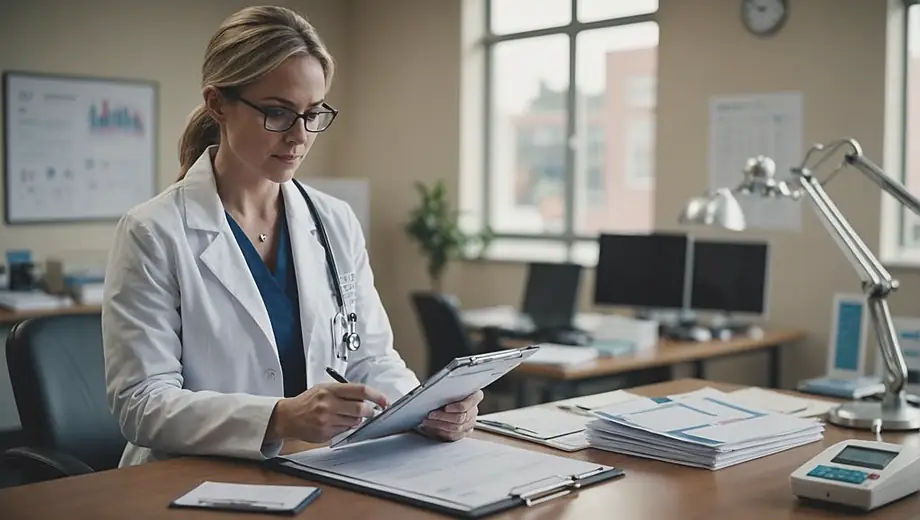 A healthcare professional in a white coat stands in a modern medical practice, reviewing patient files at a desk surrounded by medical equipment and charts.