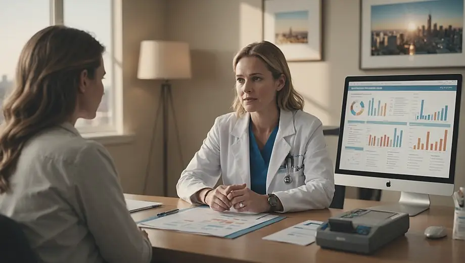 A customer discusses their health concerns with a professional in a physician's office, surrounded by medical charts and equipment.