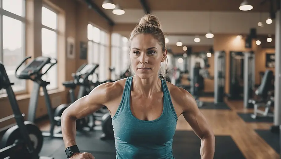 A person engaged in a workout routine at a fitness studio, surrounded by exercise equipment and bright, motivating decor.