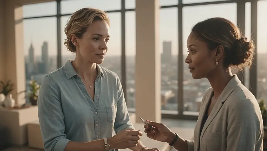 A customer and a professional discuss treatment options at a wellness center, surrounded by calming decor and natural light.
