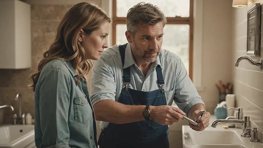 A customer discusses plumbing issues with a professional on site, examining pipes and fixtures in a well-lit bathroom.