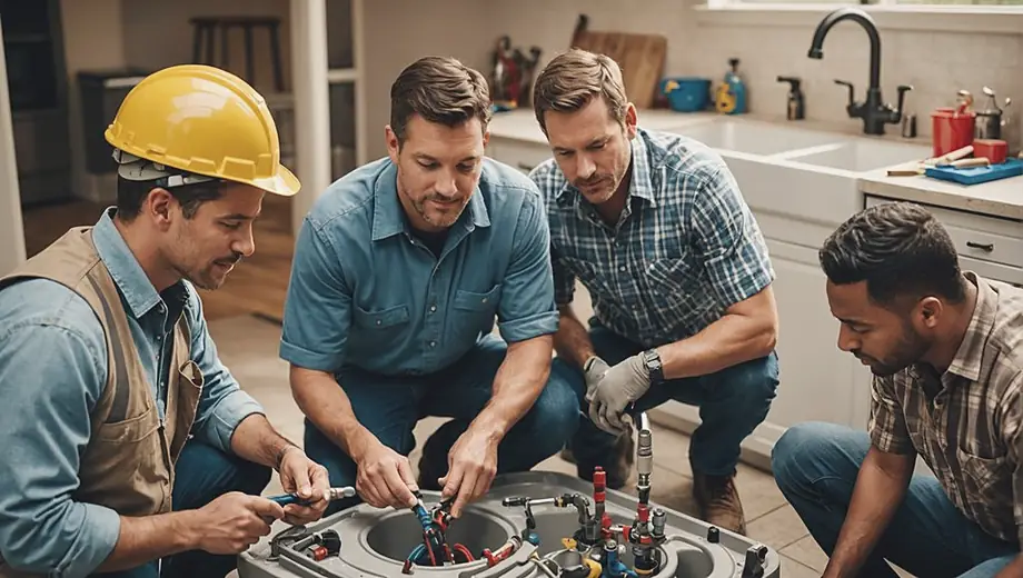 A diverse group of professionals is working together to provide a plumbing service, fixing pipes and installing fixtures in a residential setting.