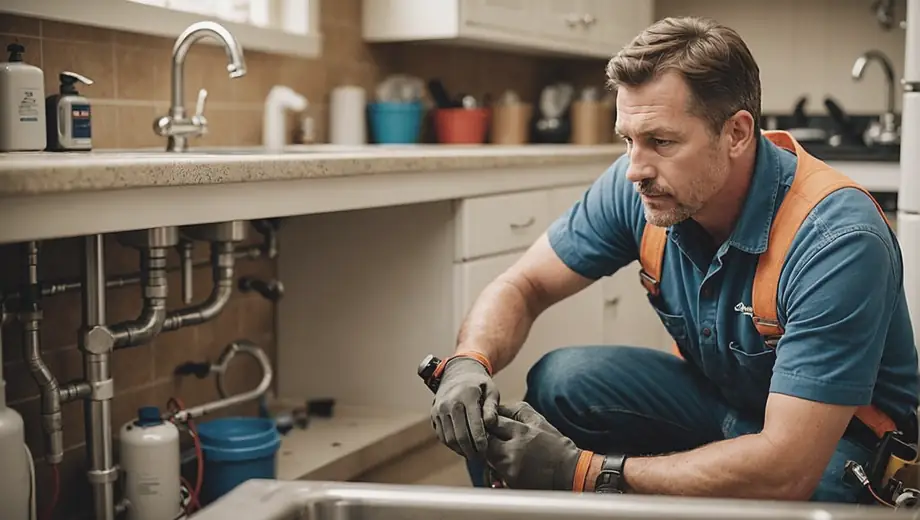 A plumbing contractor inspects pipes under a sink, wearing a tool belt and focused on the task at hand.