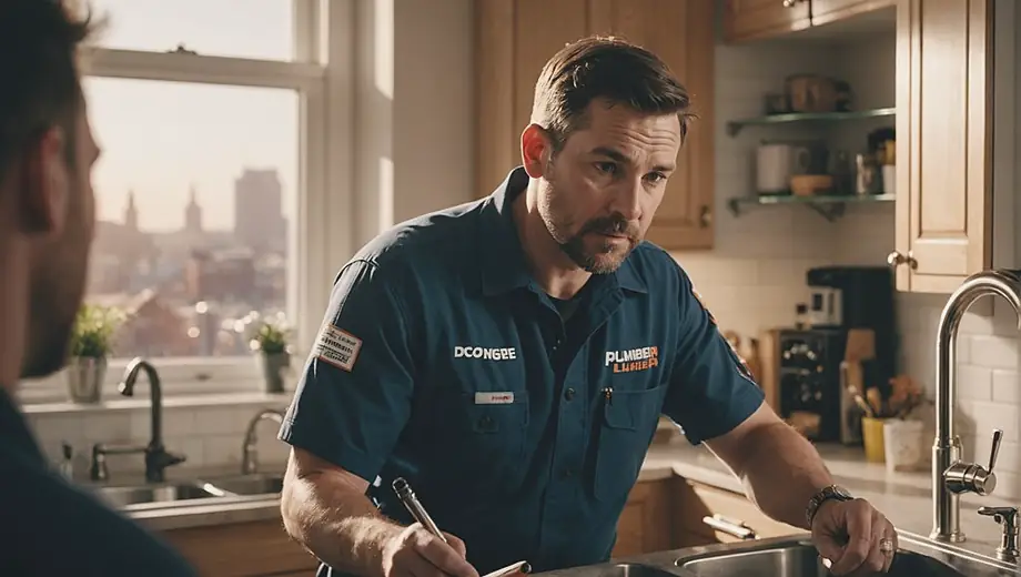 A plumber in uniform discusses plumbing issues with a customer at their home, examining pipes under the sink while taking notes.