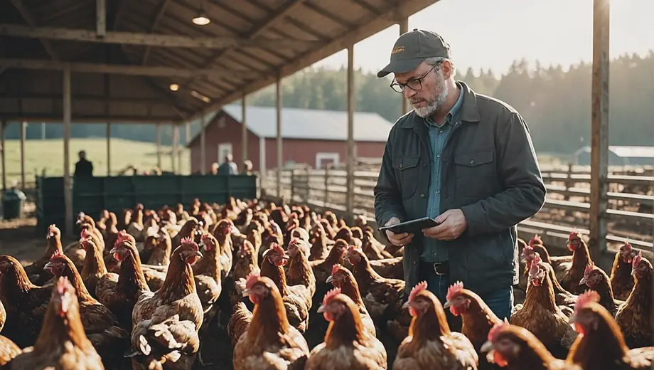 A customer and a professional discuss poultry farming practices on-site, surrounded by chickens and farming equipment.
