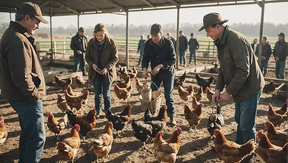 A group of farmers tending to chickens in a poultry farm, showcasing their daily activities of feeding and caring for the birds in a spacious outdoor pen.