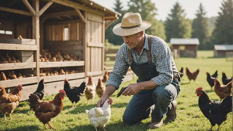 A farmer in a straw hat tending to chickens on a sunny chicken farm, surrounded by wooden coops and green pastures.