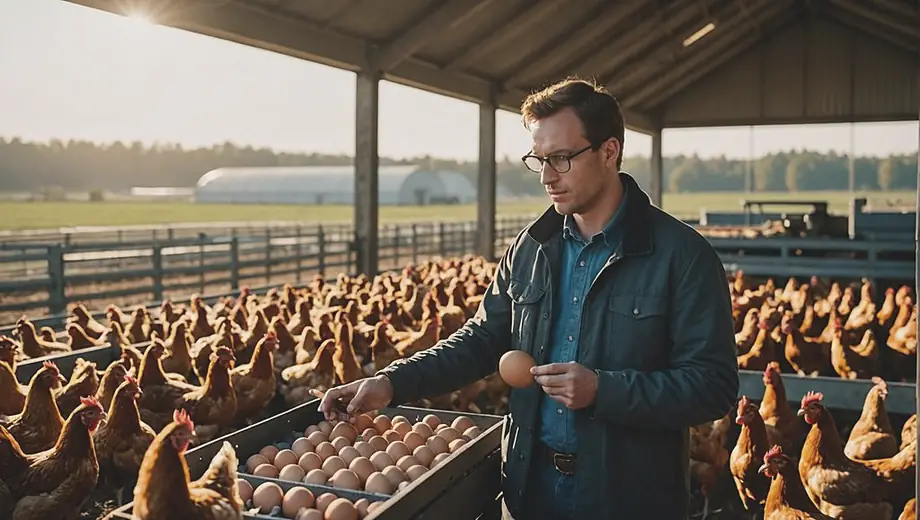 A customer discusses egg production techniques with a professional on-site at a poultry farm, surrounded by chickens and modern equipment.