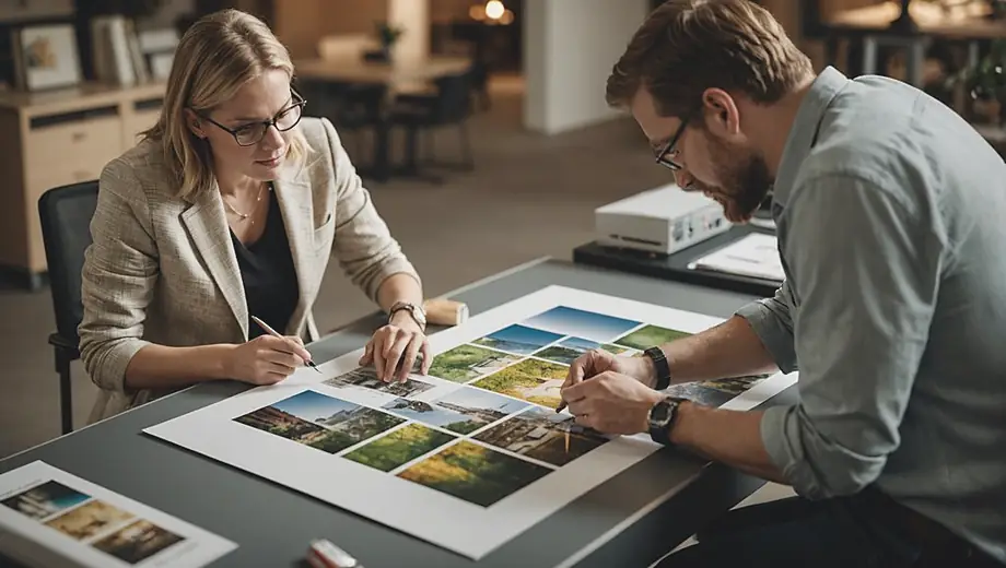 A customer and a professional collaborate on-site, reviewing a large print sample spread out on a table, discussing design elements and color choices.