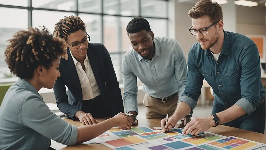 A diverse group of individuals collaborating in a modern office space, discussing various printing services while reviewing colorful brochures and samples.