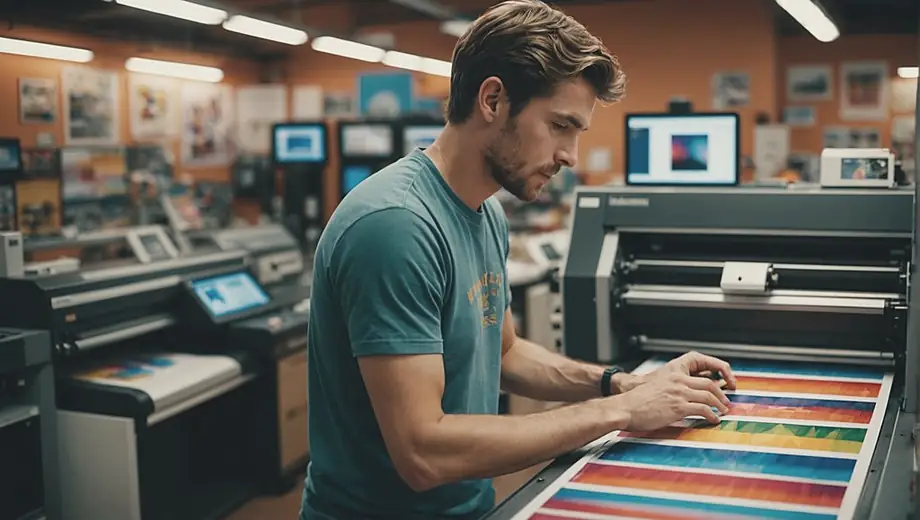 A person stands inside a print shop, surrounded by colorful prints and equipment, focused on operating a large printing machine.