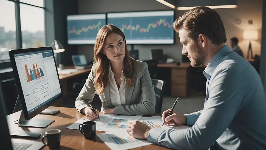 A customer and a professional discuss strategies on-site, with a focus on Private Equity investment opportunities, surrounded by charts and financial documents.
