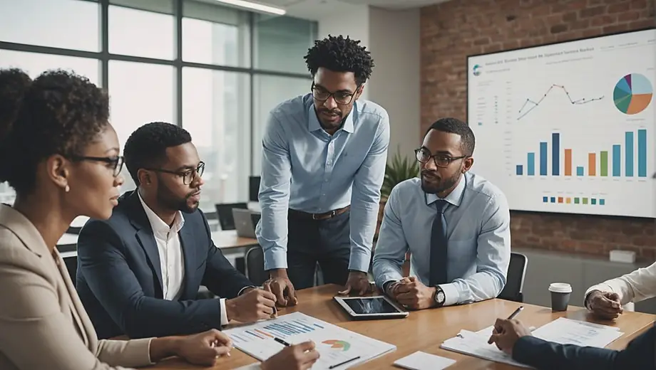 A diverse group of professionals in a modern office setting discussing strategies for a private equity firm, with charts and financial reports displayed on a screen.