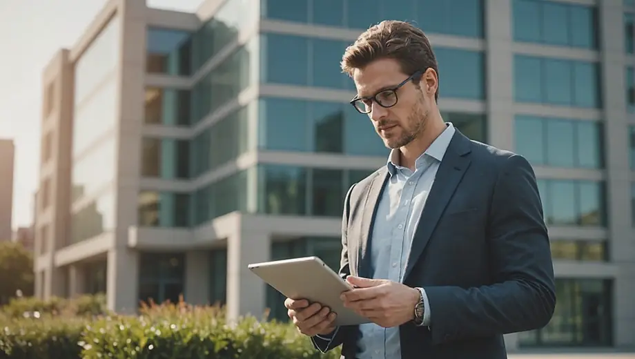 A professional individual stands confidently in front of a modern investment firm building, holding a tablet and reviewing financial documents.