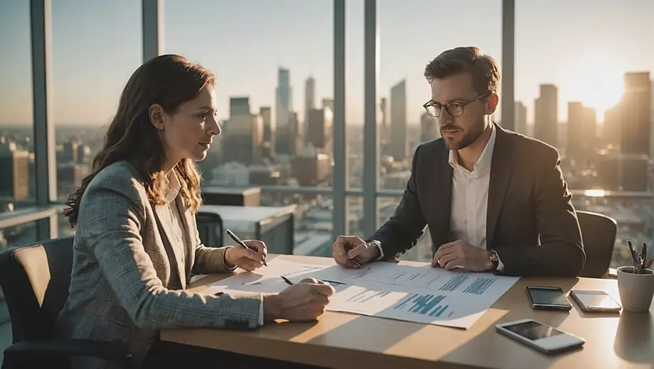 A customer and a professional discuss venture capital strategies at a modern office space, surrounded by charts and financial reports.