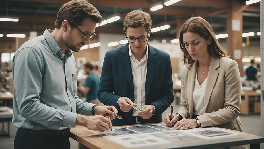 A customer and a professional discuss various products on site, examining samples and sharing insights to find the best solutions for the project.