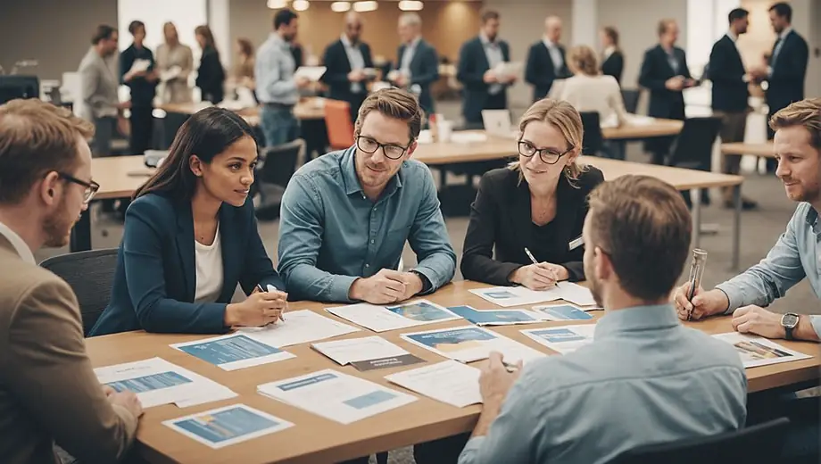 A diverse group of people discussing logistics and strategies at a product supplier meeting, surrounded by samples and catalogs.