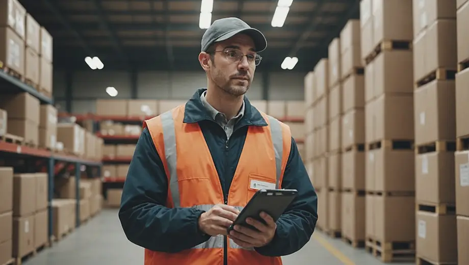 A goods provider stands confidently at a bustling warehouse, inspecting inventory and ensuring efficient operations.