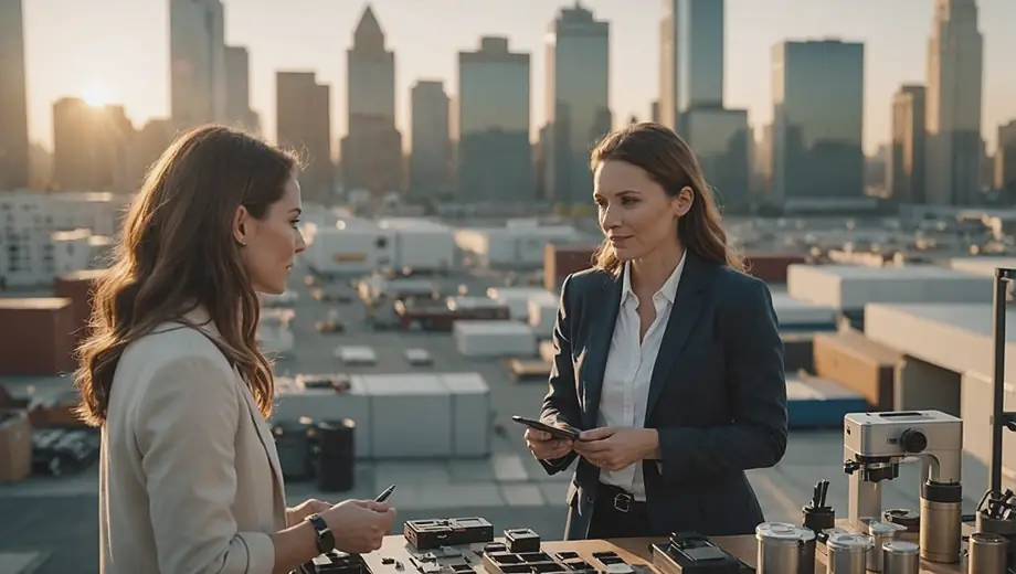 A customer and a professional from a product company discuss specifications and features on-site, surrounded by various products and equipment.