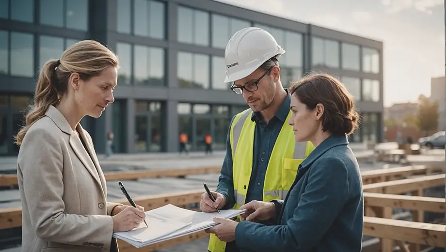 A customer and a professional discuss property details on-site, examining plans and taking notes while surrounded by the building's framework.