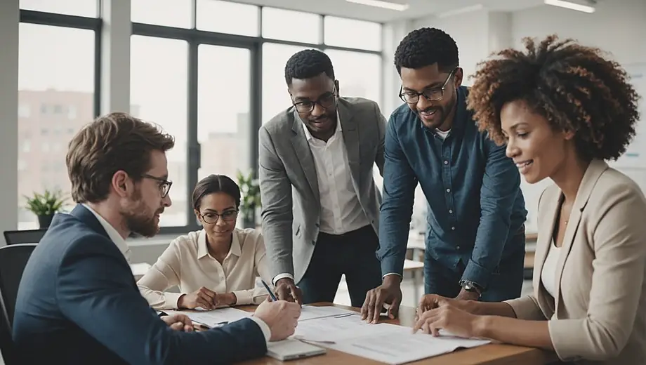 A diverse group of people collaborating in an office setting, discussing property management strategies while reviewing documents and using digital devices.