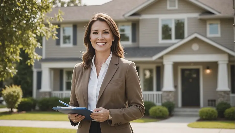A real estate agent stands confidently in front of a modern home, showcasing their real estate service with a welcoming smile and a clipboard in hand.