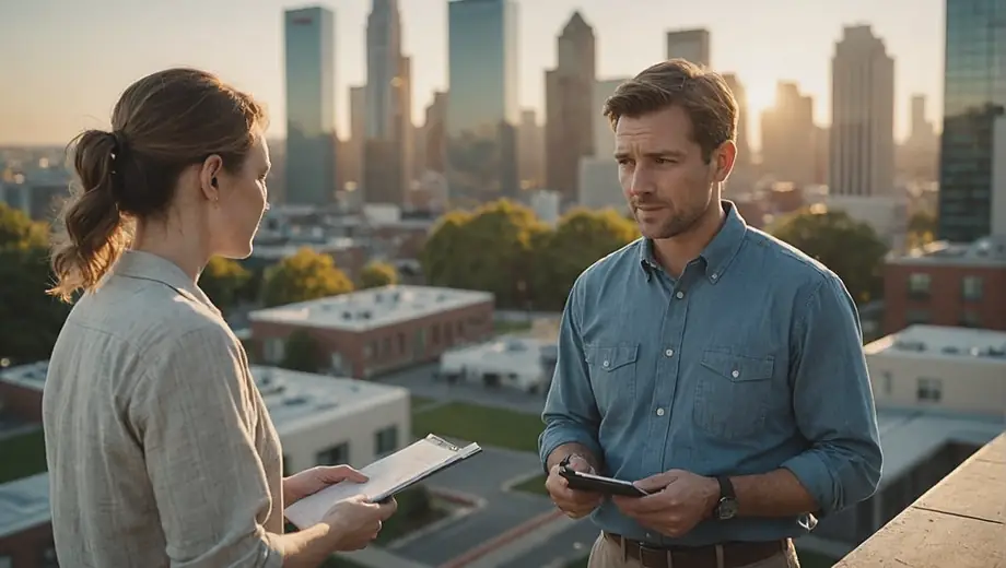 A customer discusses property maintenance needs with a professional on site, examining the exterior of a well-kept building.