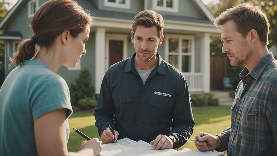 A customer and a professional conduct a property inspection together, examining the exterior of a house while discussing its condition and potential repairs.
