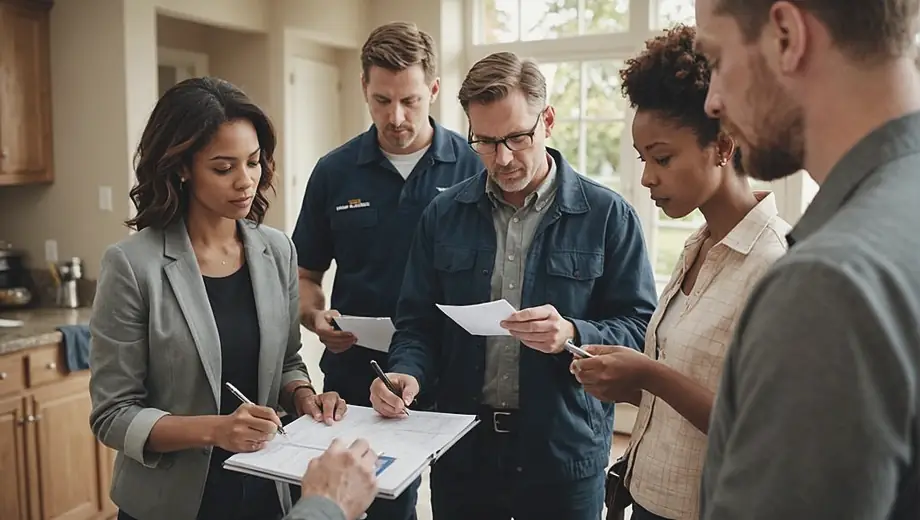 A diverse group of people gathered around a home inspector as they examine various areas of a house, discussing findings and taking notes during a home inspection.