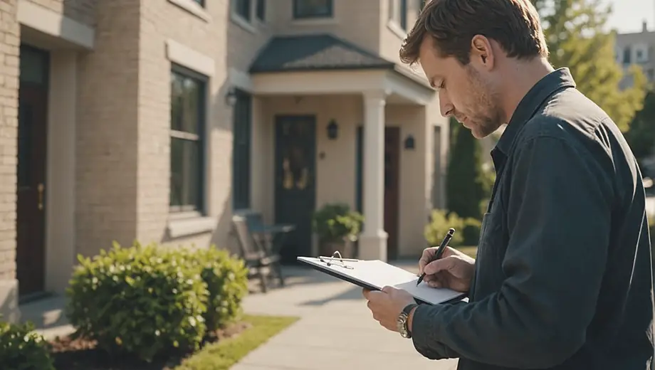 A person conducting a property assessment, examining the exterior of a residential building while taking notes on a clipboard.