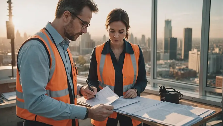 A customer and a professional inspector examine a property during a building inspection, discussing the condition of the structure while reviewing documents and taking notes.