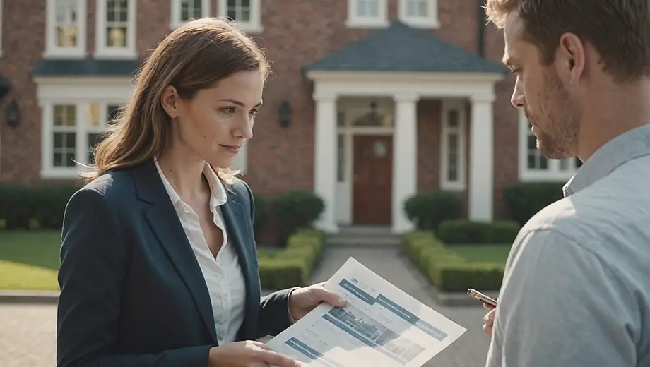A customer discusses property management details with a professional on site, examining documents and plans while standing in front of a well-maintained building.