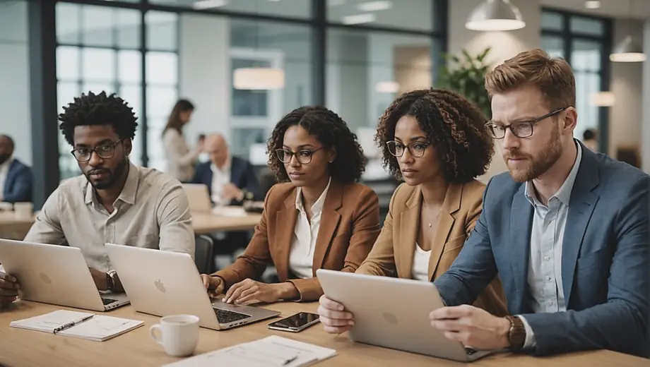 A diverse group of professionals collaborating in an office setting, discussing strategies for effective real estate management while reviewing property portfolios on laptops and tablets.