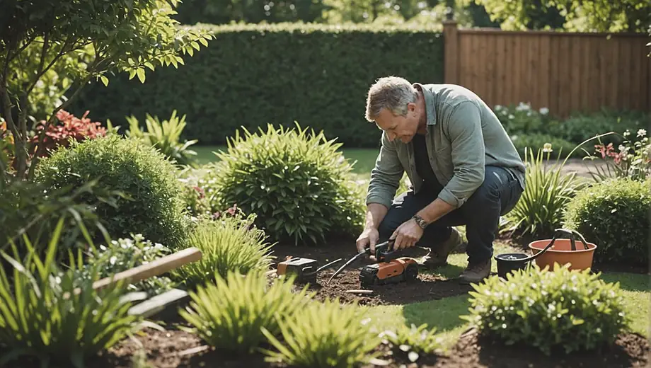 A person performing property maintenance tasks, inspecting a garden area with tools in hand, surrounded by well-kept greenery and a tidy landscape.