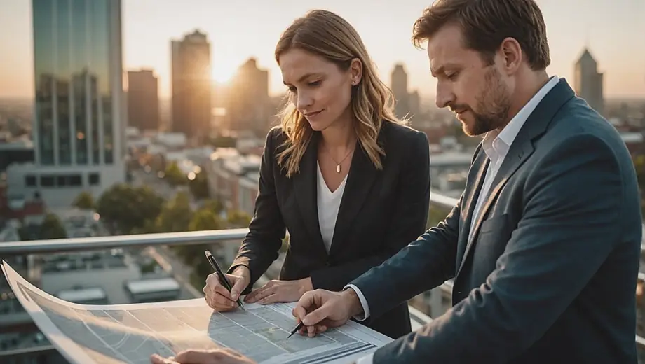A customer discusses property services with a professional on-site, reviewing plans and inspecting the property together.
