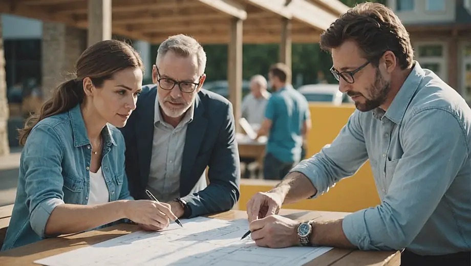 A customer and a professional provider discuss project details on-site, with the professional pointing to a blueprint while the customer takes notes.